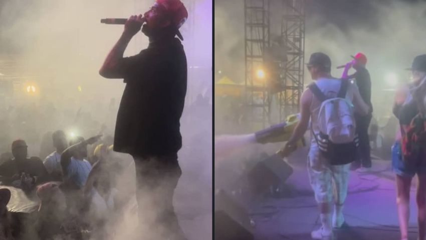 Rapper hacks fog machine and blasts out weed smoke into crowd during performance
