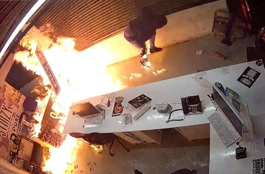  Wild video shows burglar going up in flames while trying to torch cannabis dispensary
